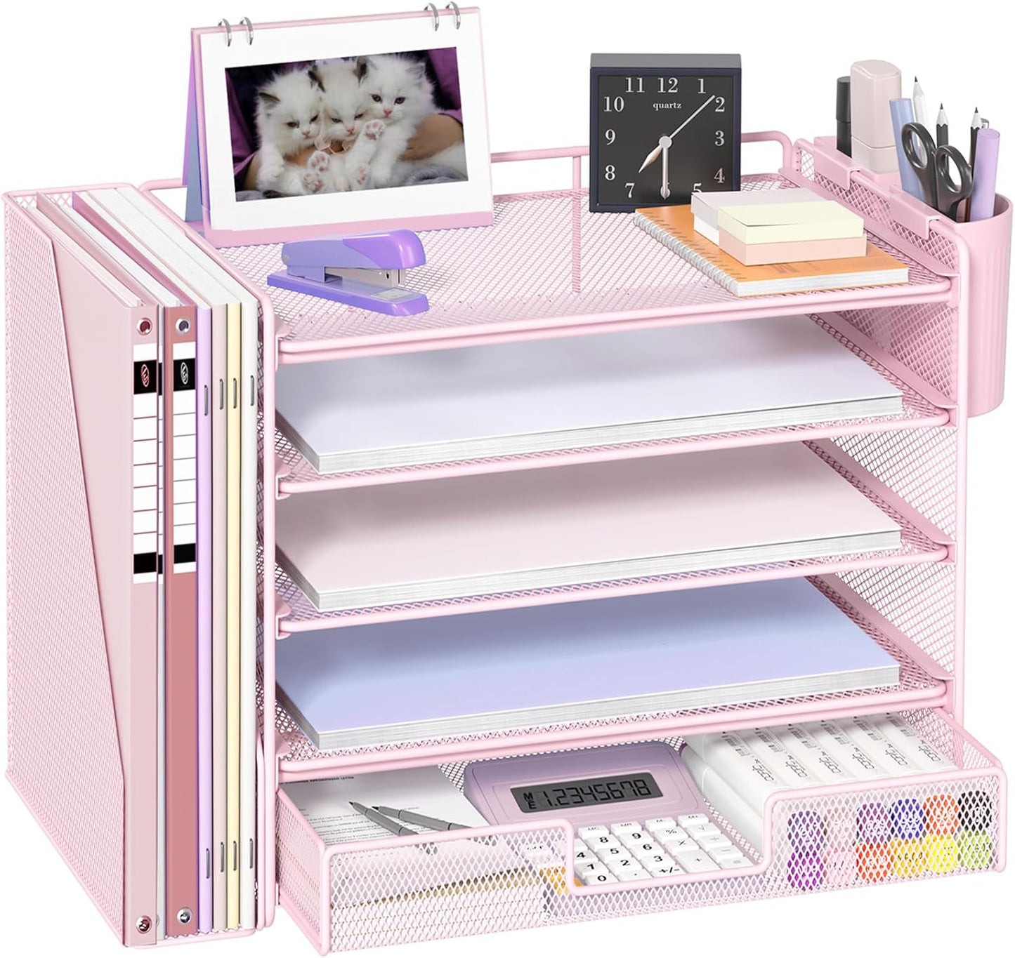 Desk Organizers and Accessories with File Holder, 5-Tier Office Desk Accessories & Workspace Desktop Organizer with Drawer and 2 Pen Holder, File Paper Organizer for Office Supplies(Pink)