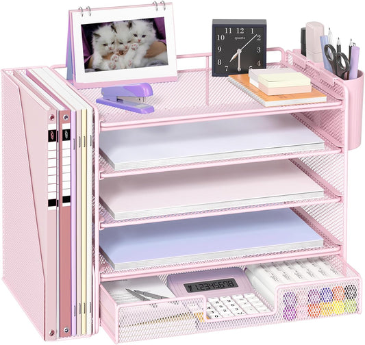 Desk Organizers and Accessories with File Holder, 5-Tier Office Desk Accessories & Workspace Desktop Organizer with Drawer and 2 Pen Holder, File Paper Organizer for Office Supplies(Pink)