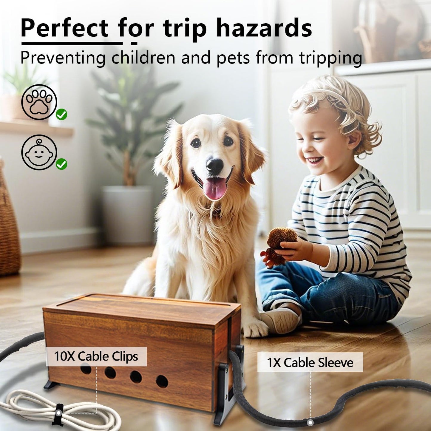 Large Cable Management Box, Wood Cord Hider Box & Organizer for Power Strip Hider Cable Storage for Office, TV Wires, Desk Cord Organizer, 14.1" x 6" x 6.3", Vintage Walnut