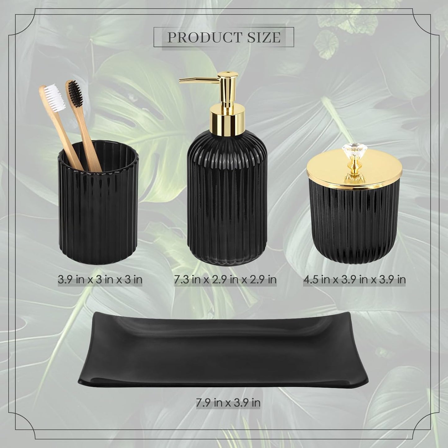 Designer Black Glass Bathroom Accessories Sets - 4 Pcs with Lotion Soap Dispenser, Bathroom Toothbrush Holder, Vanity Tray, and Apothecary Jar, Vintage Bathroom Decor, Gift Countertop Organizer