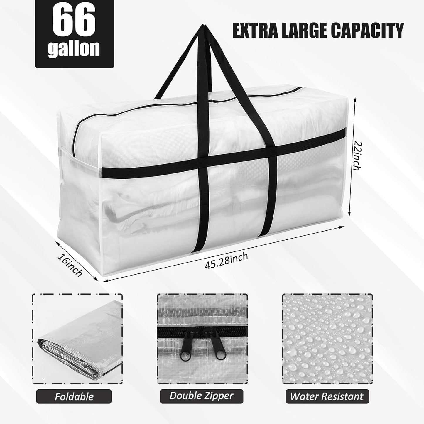 4 Pcs 66 Gallon Large Moving Bags with Zipper and Handles Foldable Storage Duffle Bags Heavy Duty Extra Large Totes for College Dorm Travel Clothes Blankets Bedding Moving (Clear)