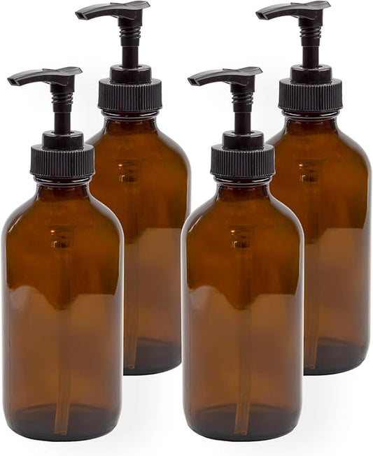 Cornucopia Brands 8oz Glass Pump Bottles (Pack of 4, Amber Brown) Lotion Soap Dispensers w/Black Plastic Pumps