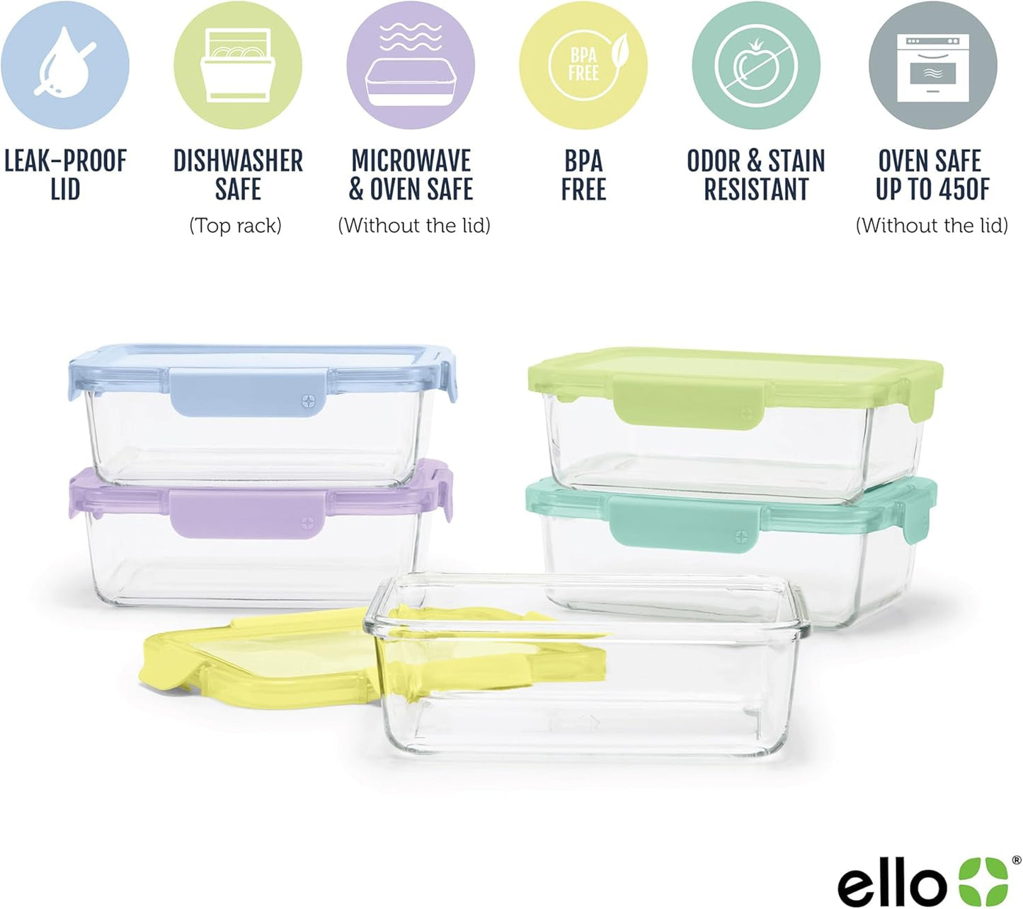 Ello Color Lock 5 Cup 10PC, 5 Pack Glass Meal Prep Sets Leak-Proof Glass Food Storage Containers with Airtight BPA-Free Plastic Lids, Dishwasher, Microwave, and Freezer Safe, Purple Rain
