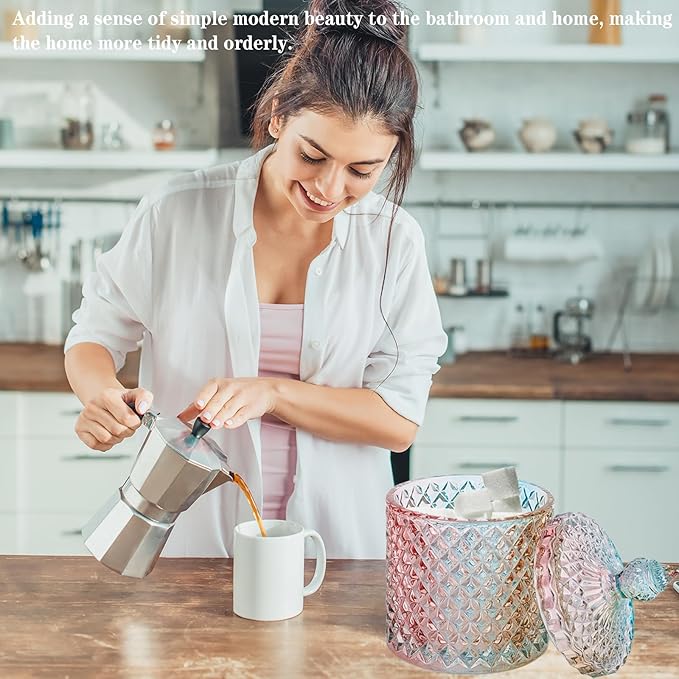 rejomiik 2 Pack Qtip Holder Glass Bathroom Accessories Vanity Organizers and Makeup Storage for Cotton Swabs, Balls, Pads, Floss Picks, Candy, Small and Large Rainbow