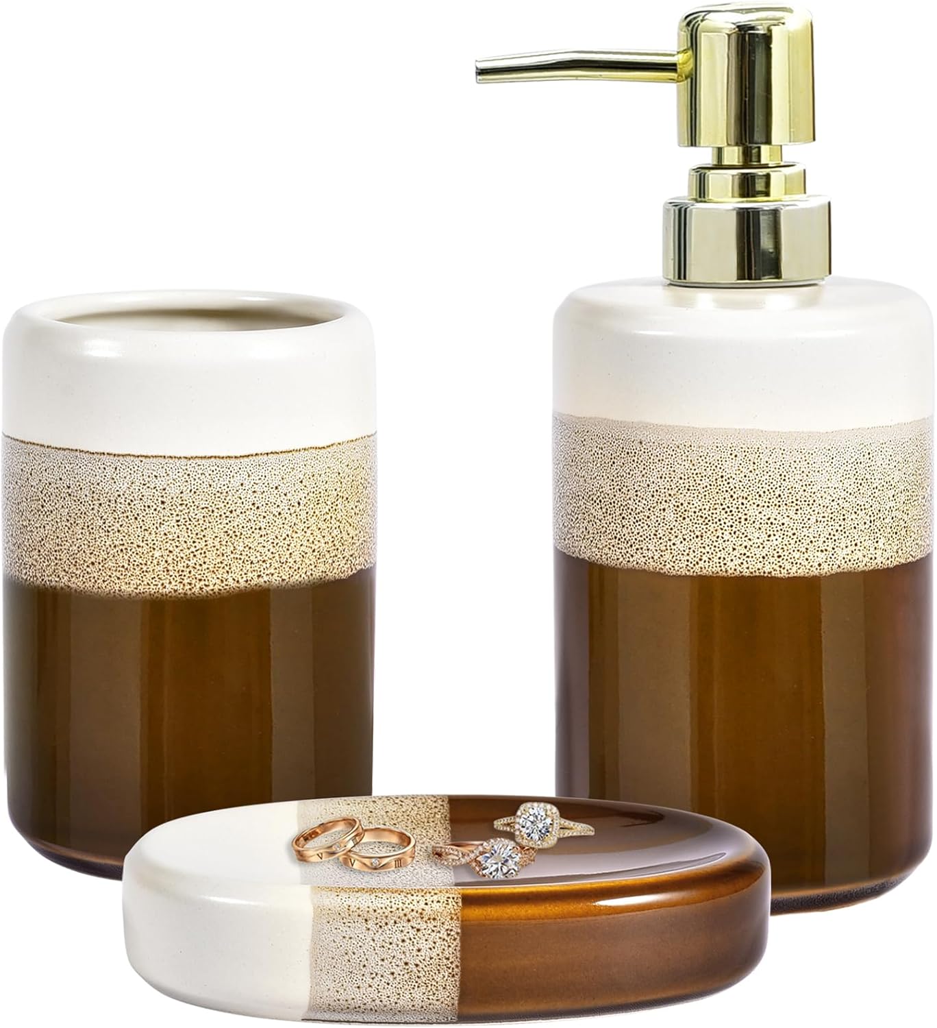 Bathroom Accessories Set of 3, Natural Reactive Glaze Ceramic Bathroom Sets Complete-Toothbrush Holders, Soap Dispenser, Soap Dish, Luxury Bathroom Decor, Bathroom Countertop Organizer, Brown Gold