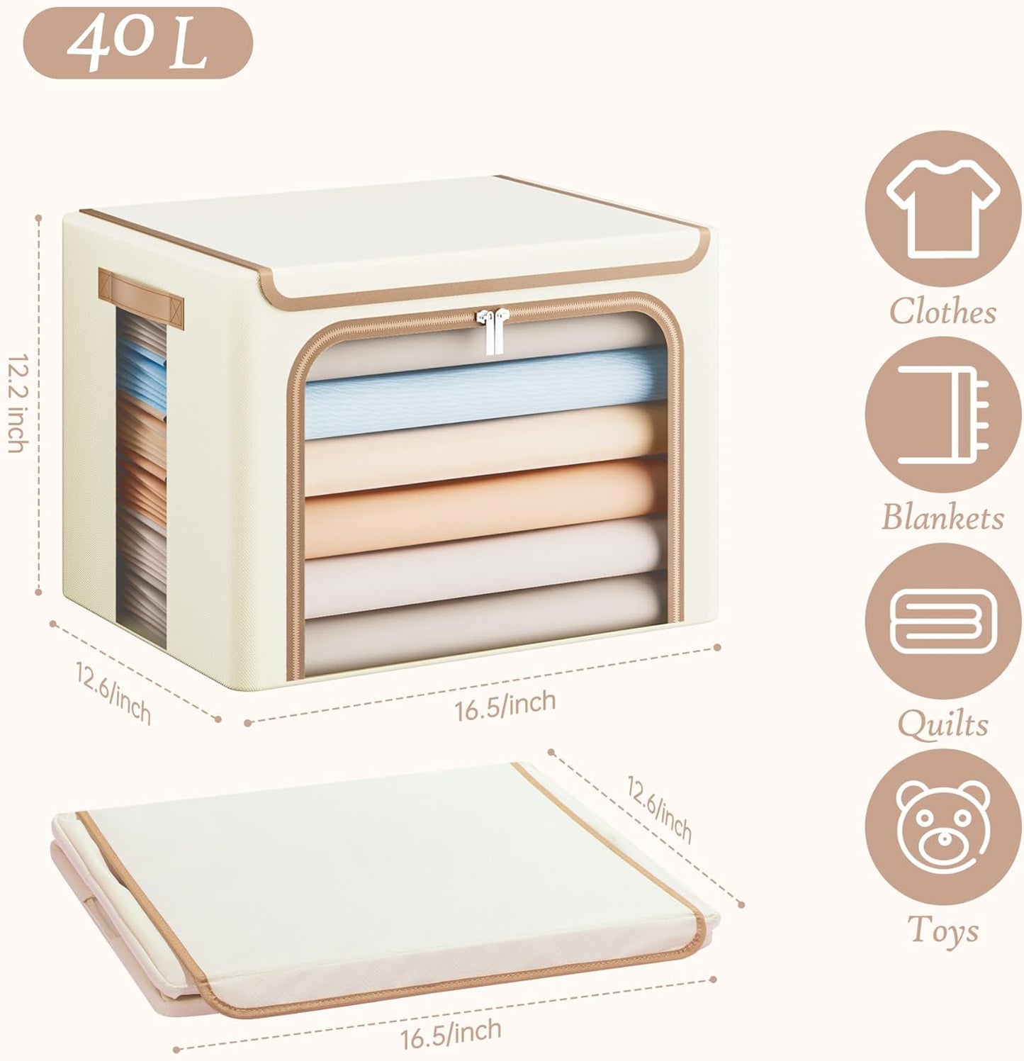 Yecaye Clothes Storage Bins with Metal Frame, Foldable Clothing Storage Bin with Lid, Stackable Oxford Fabric Organizer Box With Clear Window & Zippers & PU Leather Handles (3 Pack,Beige,40L)