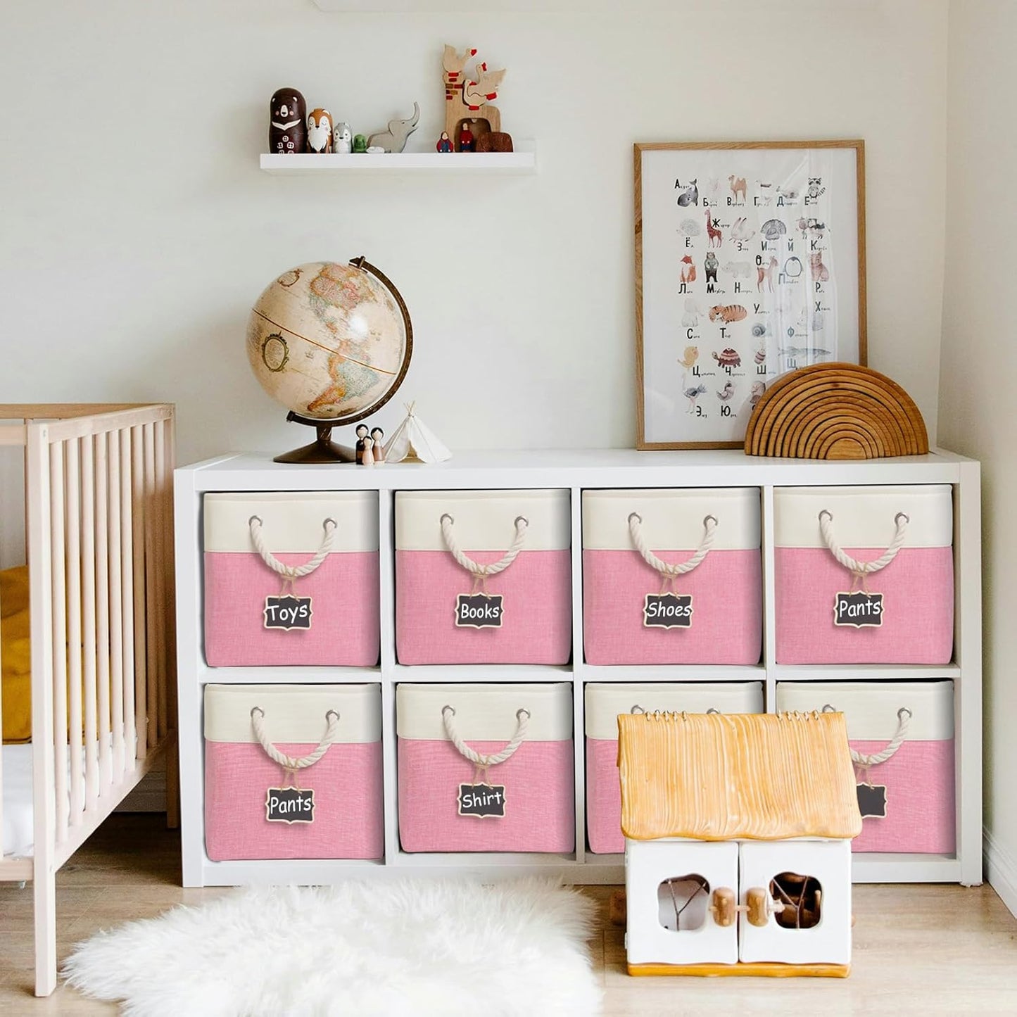 storage cubes 12 x 12[6 Pack],Cube Storage Organizer Bins with Rope Handles, Eco-Friendly Linen Collapsible Organizers for Closet, Nursery, Toys, Office, Bathroom – Dual Color Design.(White&Pink)