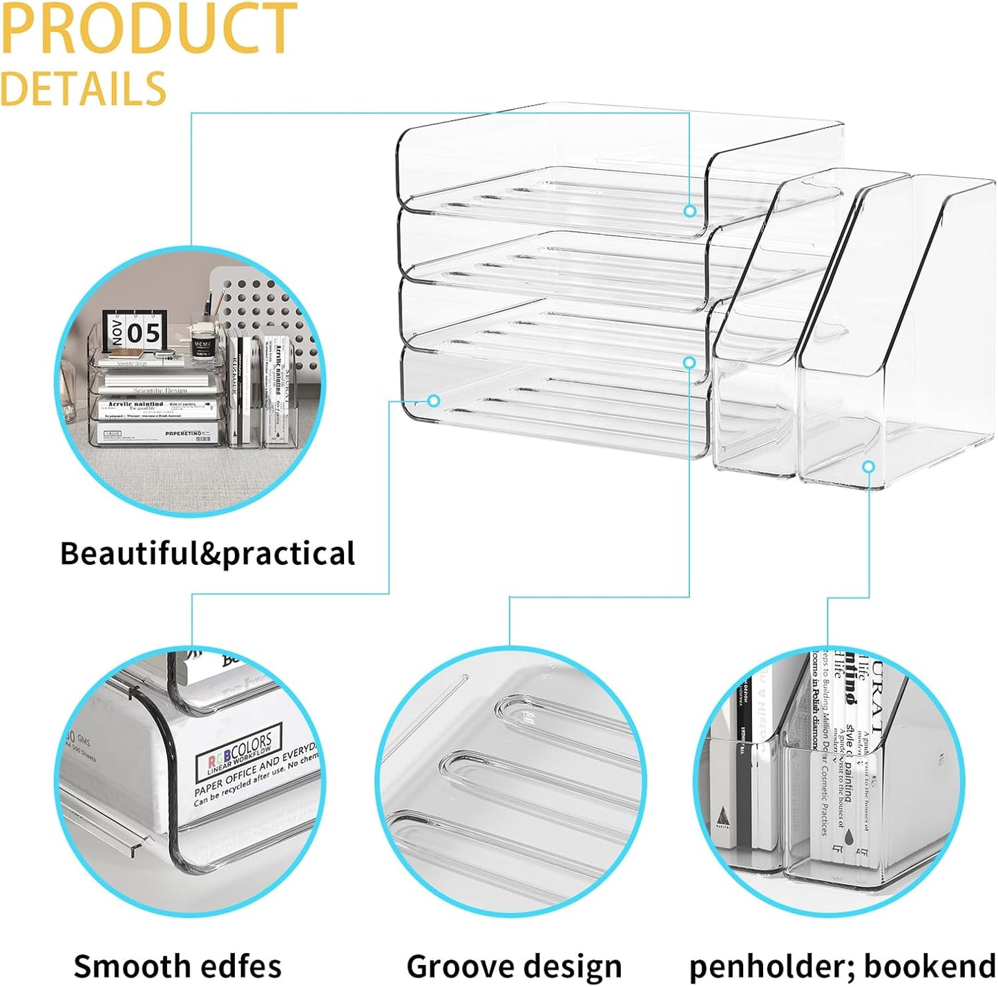 4-Tier Clear Acrylic Paper Tray Organizer for Desk with 2 Matching Bookends – Stackable Letter Tray Set, Stackable Paper Trays, Acrylic Desk Accessories/File Organizer, Office Organizer