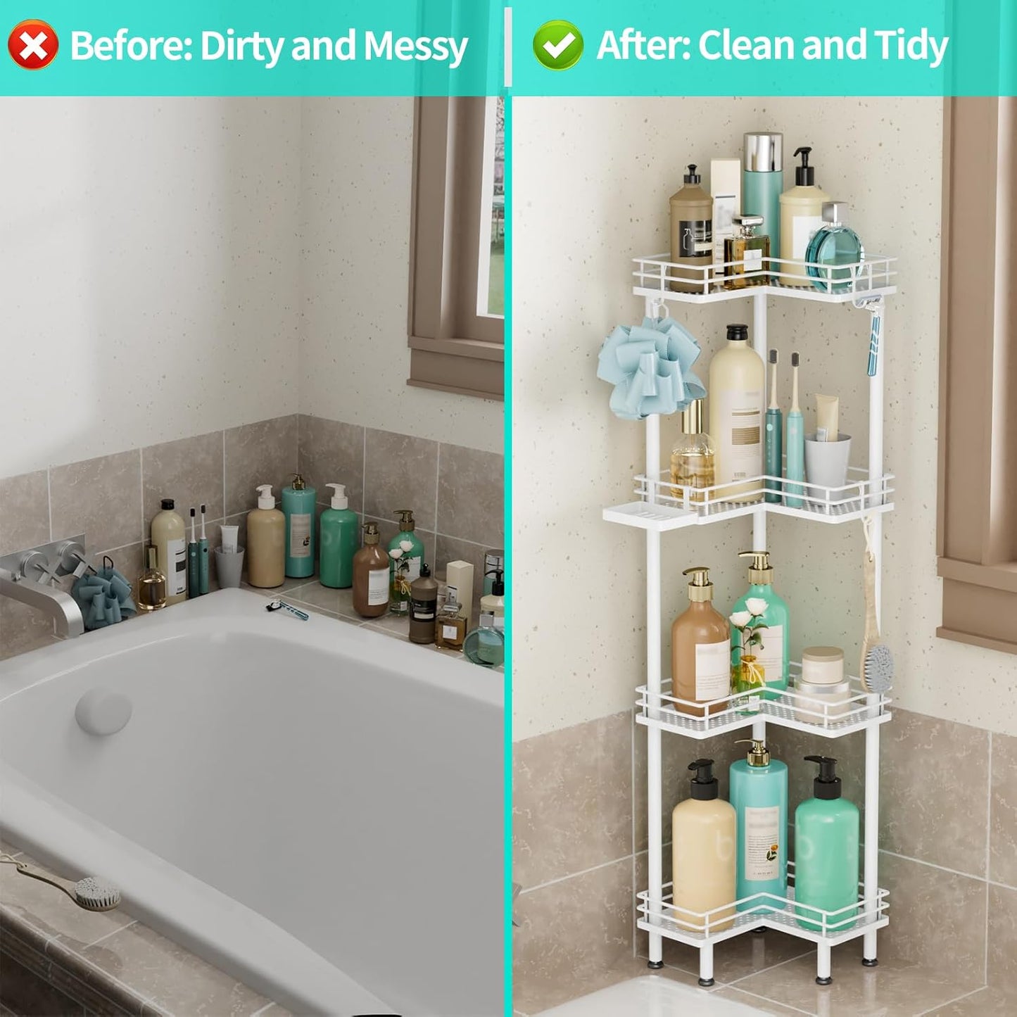 HapiRm Corner Shower Caddy Organizer - 4 Tier Shower Shelf Corner with Soap Holder, Rustproof Bathroom Standing Organizer with 4 Hooks, White