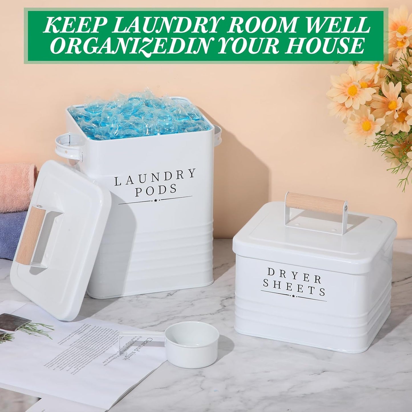 2 Pcs Laundry Pod Container with Dryer Sheet Holder Farmhouse Laundry Room Decor Organization and Storage Detergent Container Box with Lid Handle Metal Dryer Sheet Dispenser(White)