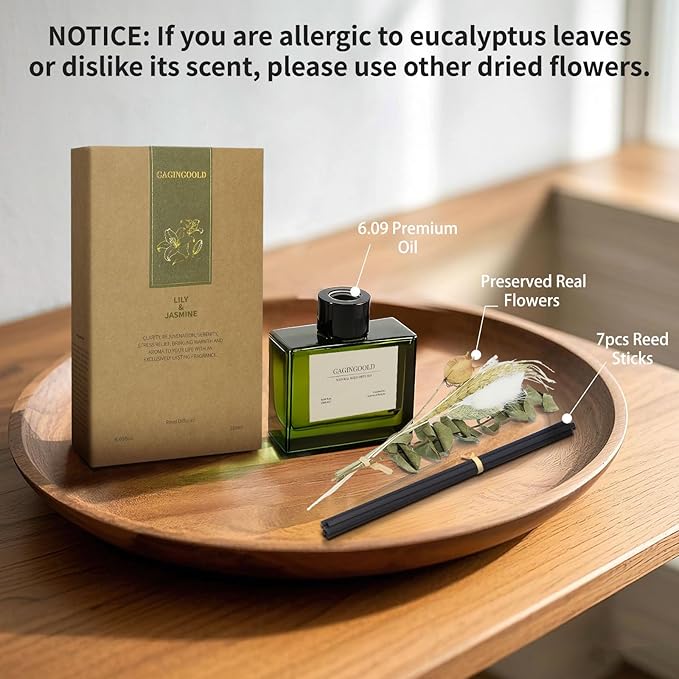 Reed Diffuser, 6.09 oz Jasmine Lily Scent Diffuser with Sticks & Dried Flowers, 120 Days Long Lasting reed diffusers for home, Elegant fragrance for Bathroom Bedroom Office Decor, Air fresh