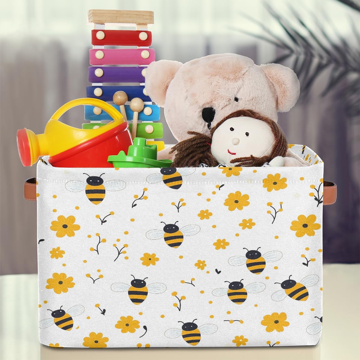 Bee Storage Basket for Shelves, Storage Bins with Handles, Collapsible Basket for Organizing, Closet Toy Baskets for Nursery Room, 15x11x9.5 in, Canvas, Yellow Bee