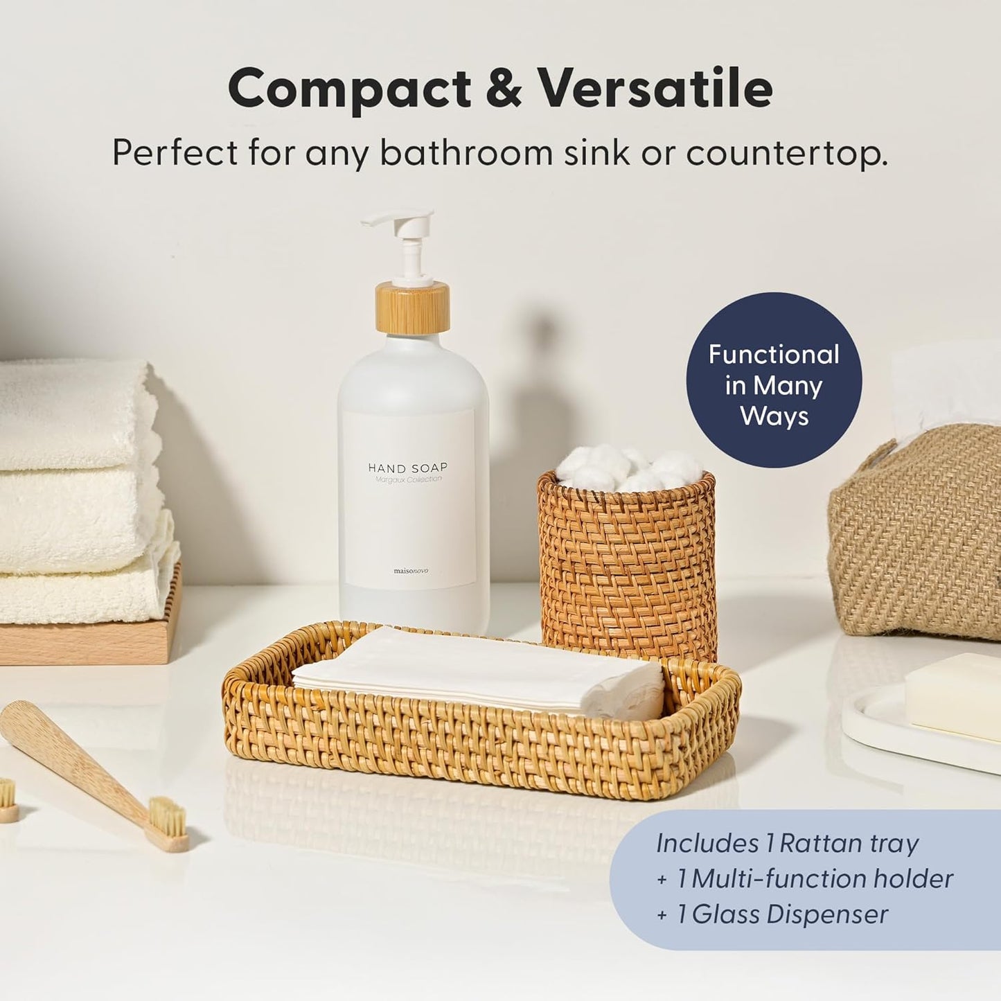 MaisoNovo Rattan Bathroom Set - White Countertop Dispenser, Toothbrush Holder & Toothpaste Cup with Tray - Set of 3 - Rattan Bathroom Vanity Trays Rectangle for Storage