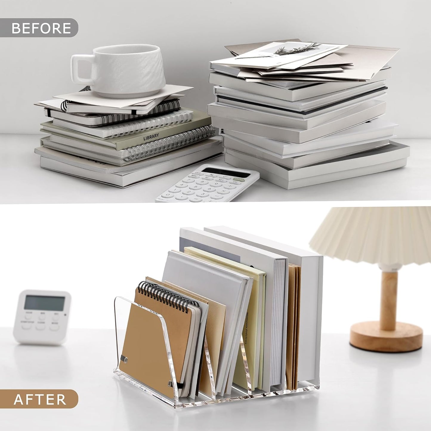 SANRUI Acrylic Desk File Sorter Organizer Holder, 4-Section Clear Vertical Letter File Folder Rack, Notebook Magazine Desktop Binder Mails Storage Bookshelf Upright Divider for Home Office School