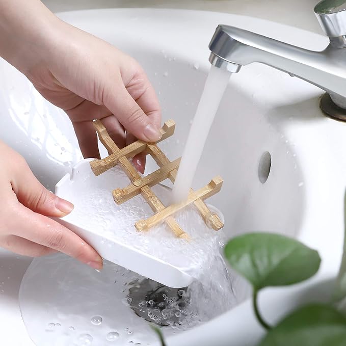 Bamboo Wooden Soap Dishes for Bathroom Bar Soap Holder Shower Soap Holder Sink Deck Bathtub Shower Tray (Two Pieces White)