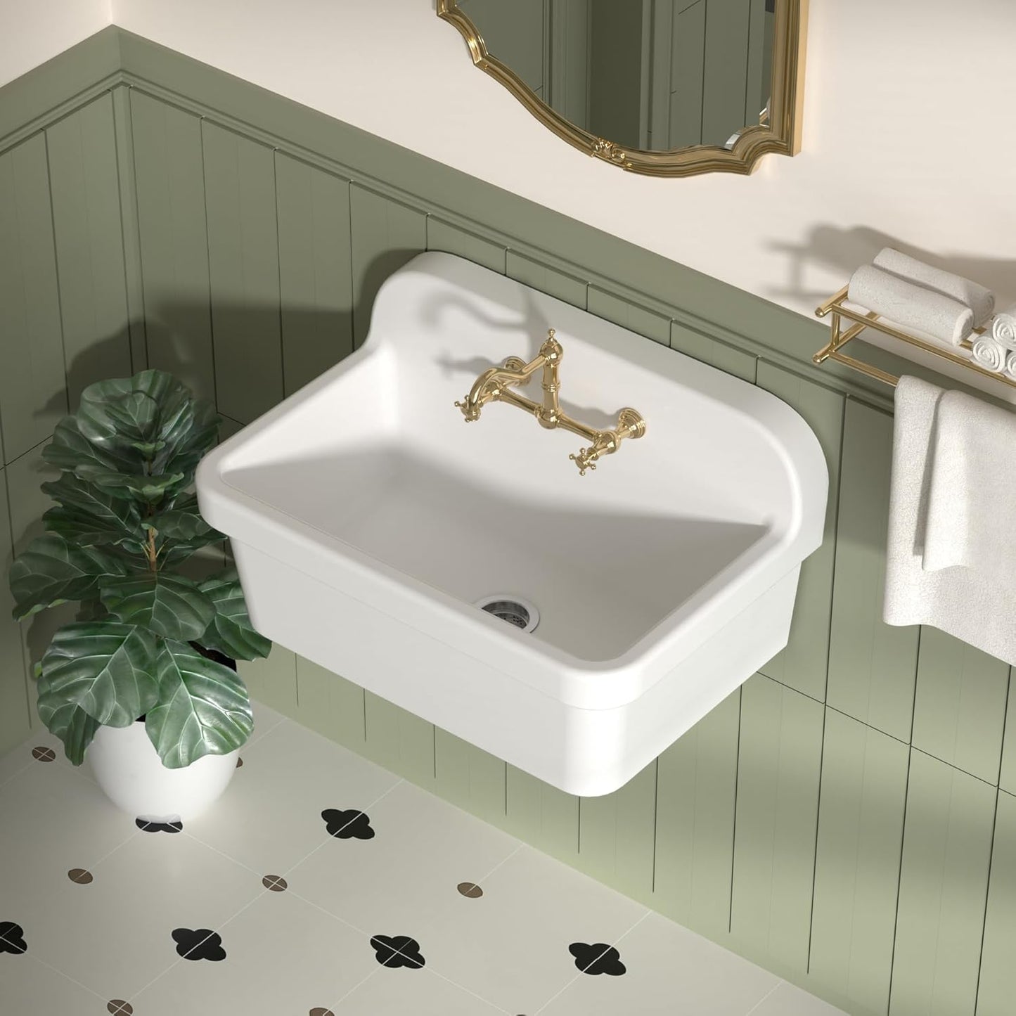 LUCKWIND 30 Inch Wall-Mounted Ceramic Utility Sink, White Farmhouse Sink for Laundry, Bathroom, Kitchen, Garage – Large Capacity, High Back Design