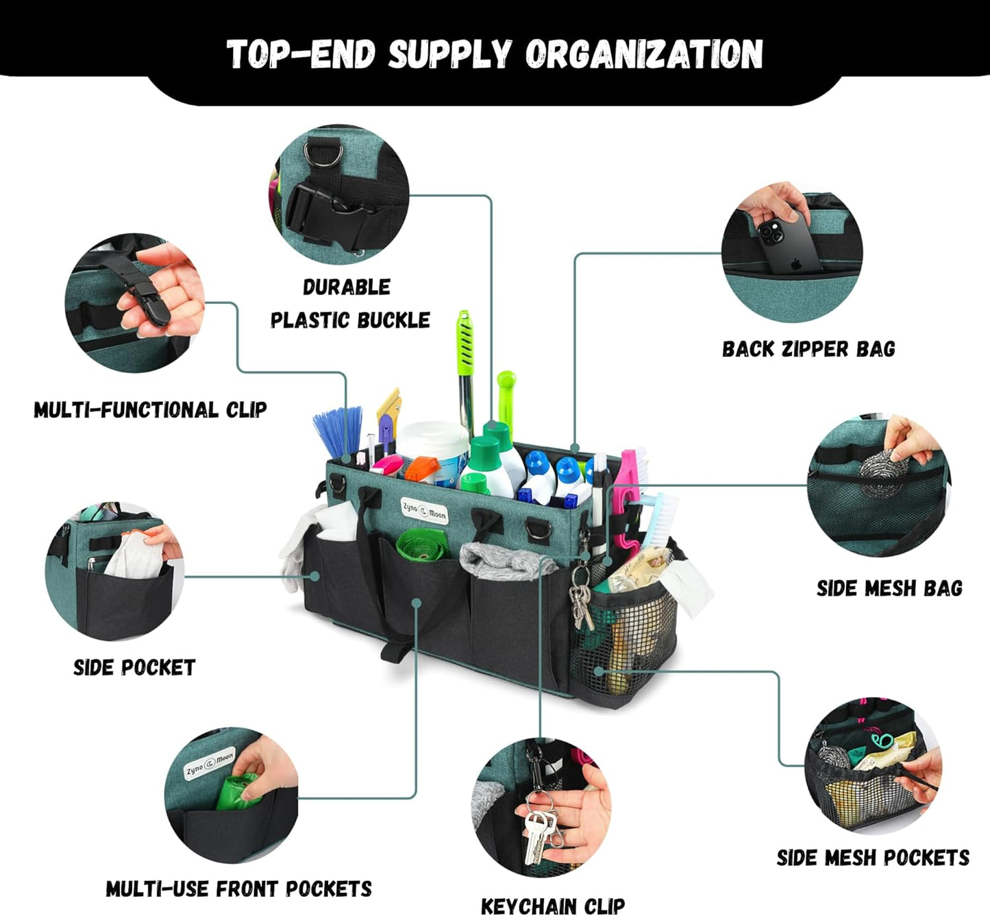 Wearable Cleaning Caddy – Portable Detailing Organizer with Spill-Proof Liner, Straps & Handles – Large Tote for Cleaning Pros, Auto Detailers, and Housekeepers – Green/Gray