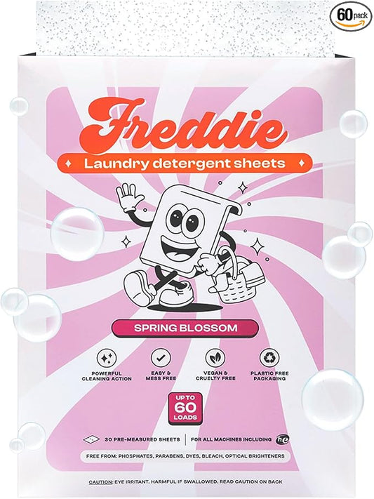 Freddie Laundry Detergent Sheets - Recyclable Packaging - No Mess Strips - 60 Loads - Floral Spring Blossom Scent