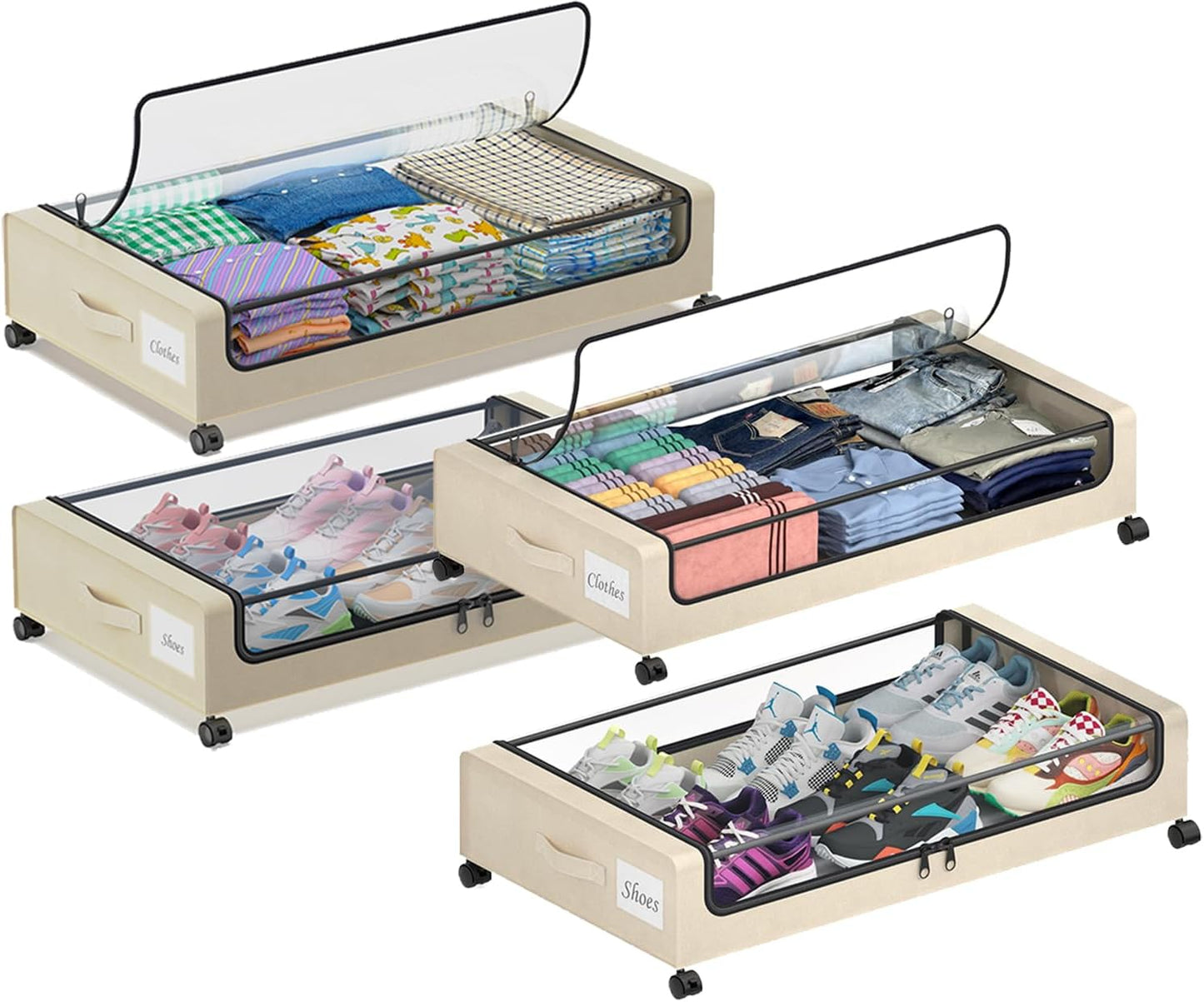 Under Bed Storage with Wheels,4 Pack Under Bed Storage Containers with Dividers & Clear Lids,65L Under the bed storage Organizer Bins, Underbed Storage with Wheels for Clothes (White)