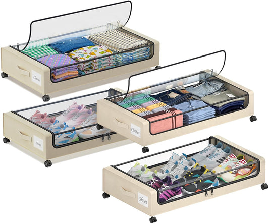 Under Bed Storage with Wheels,4 Pack Under Bed Storage Containers with Dividers & Clear Lids,65L Under the bed storage Organizer Bins, Underbed Storage with Wheels for Clothes (White)