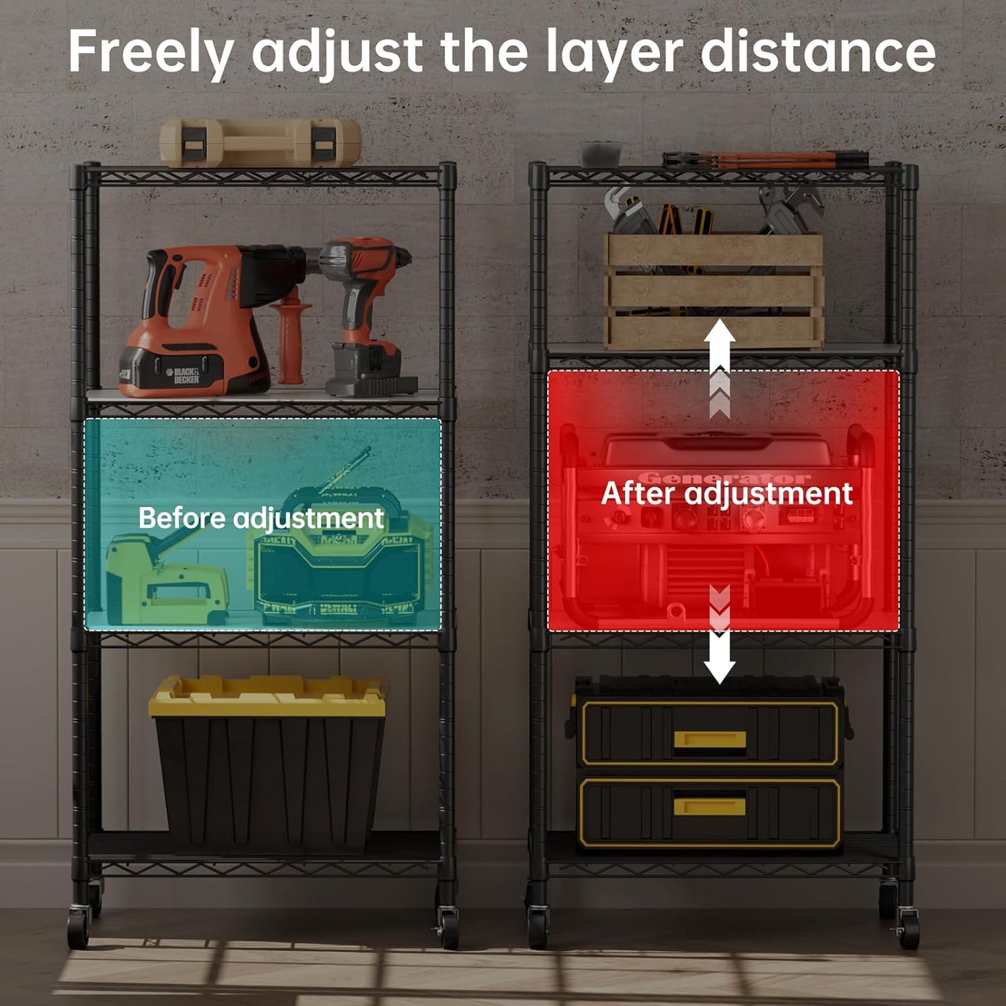 SINGAYE 4 Shelves Storage Shelf Wire Closet Bathroom Organizers Metal Pantry Kitchen Garage Shelving Unit Laundry Room Organization Home Rack Net Basket Black with Wheels