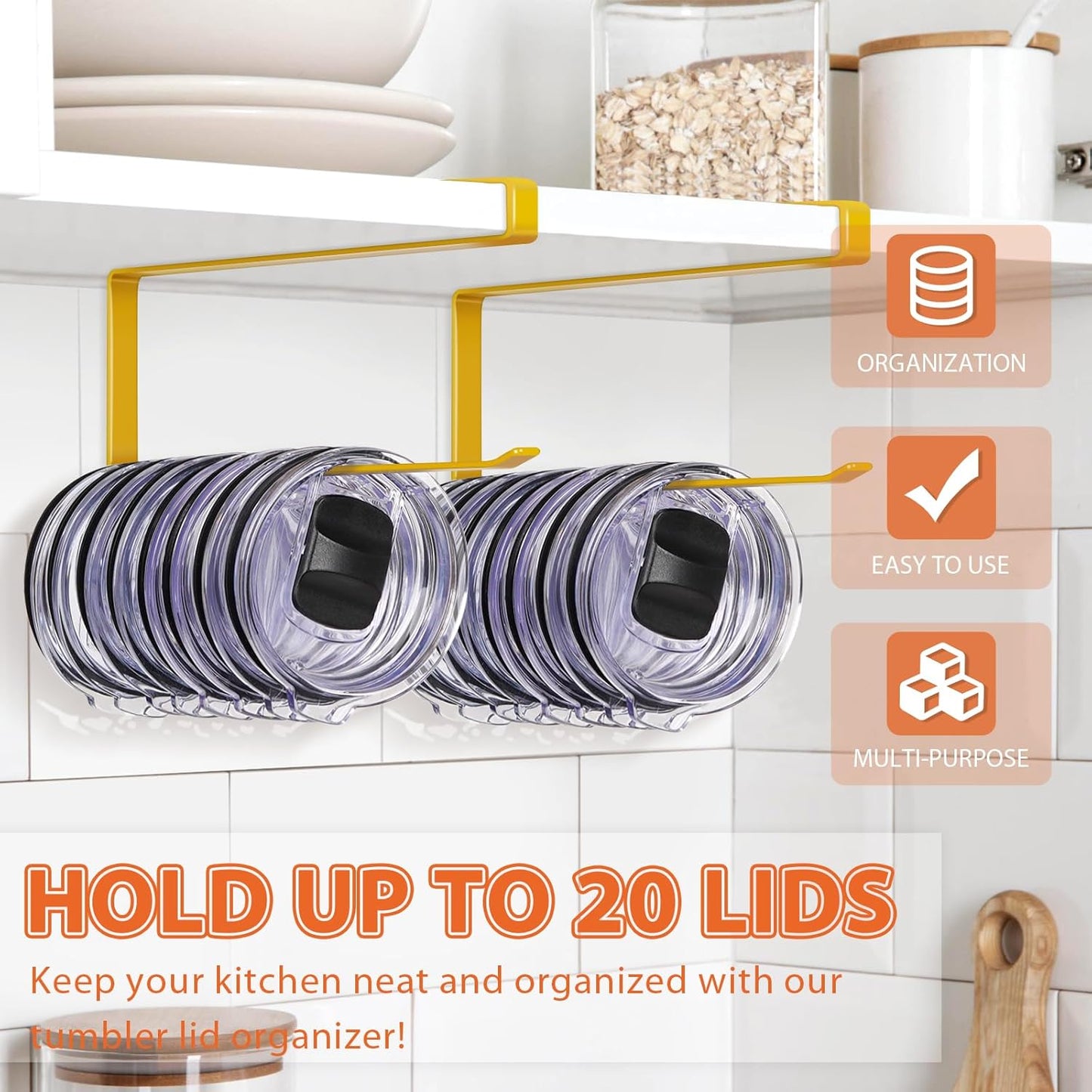 2 Pack Tumbler Lid Organizer, Horizontal Tumbler Lid Storage Hook to Hold Up 20 Lids, Space Saving Cup Lid Holders Under Cabinet Tumbler Lid Hook for Kitchen Organizer, Paper Towel Rack Hanger (Gold)