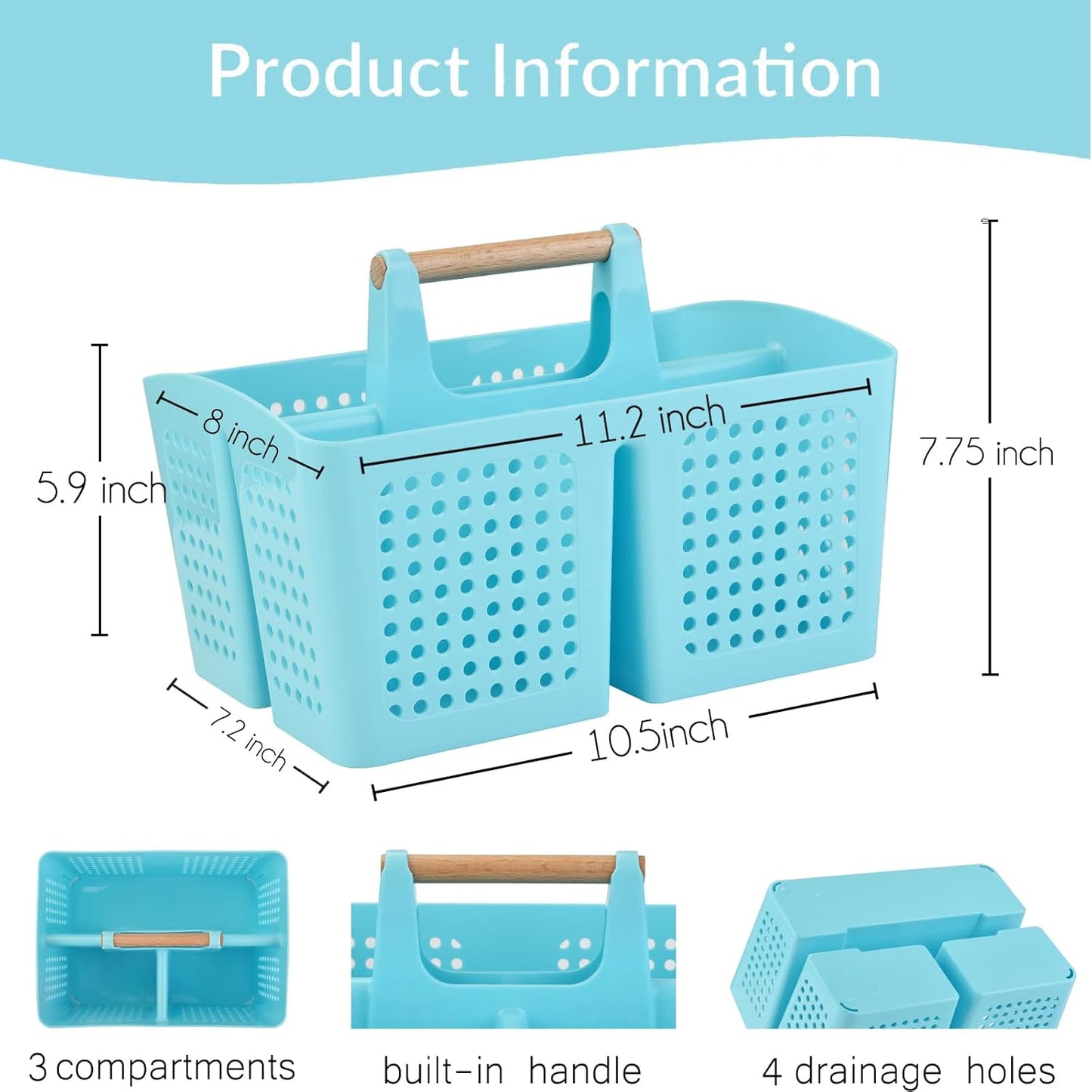 Portable Shower Caddy Basket with Compartments, Plastic Divided Cleaning Caddy Organizer Storage Tote with Handle for Bathroom, College, Dorm Room Essentials, Light Blue