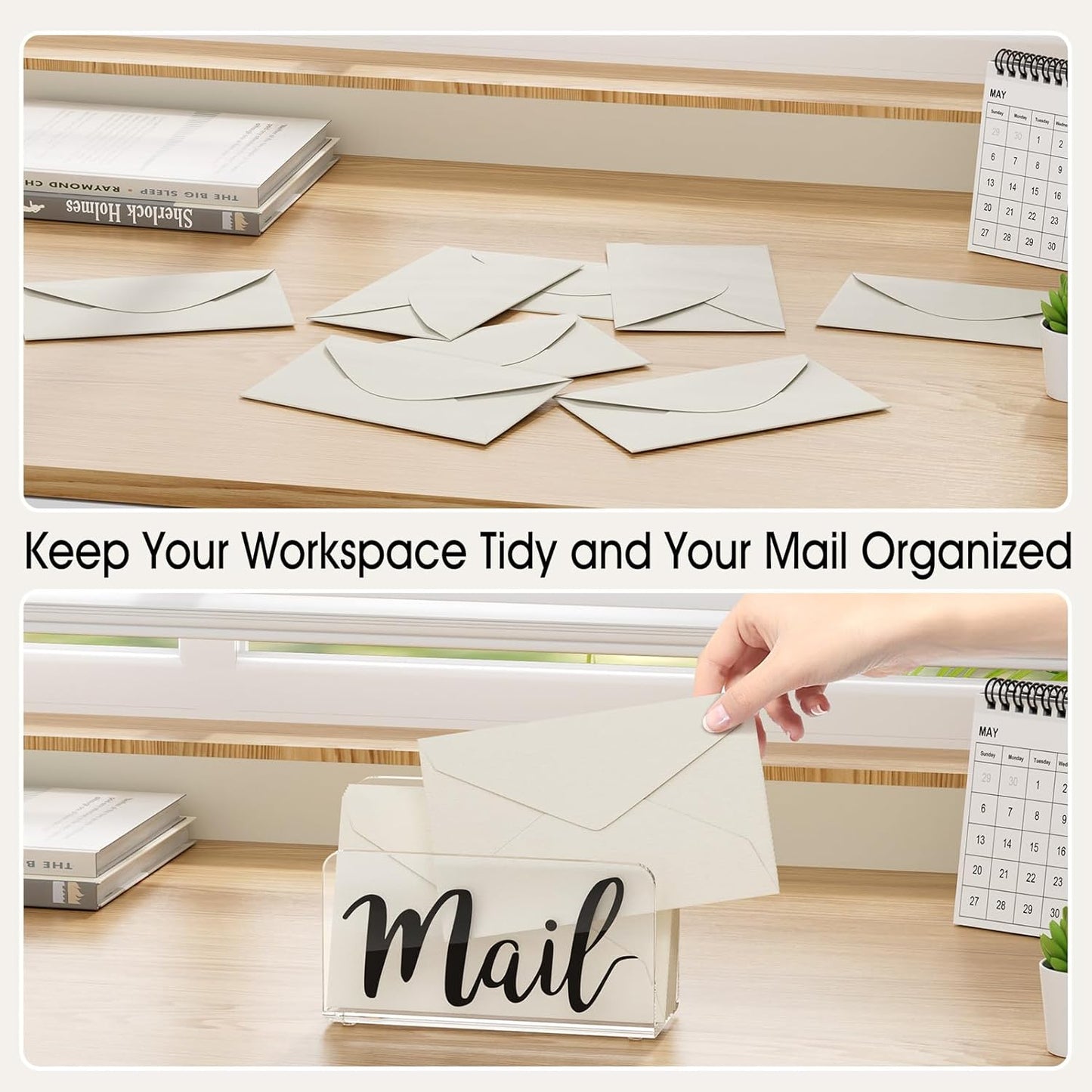 KTRIO Acrylic Mail Holder, Clear Sorter, Organizer Countertop, Print Script Letter Holder for Desk, Envelope Stand for Home Office School