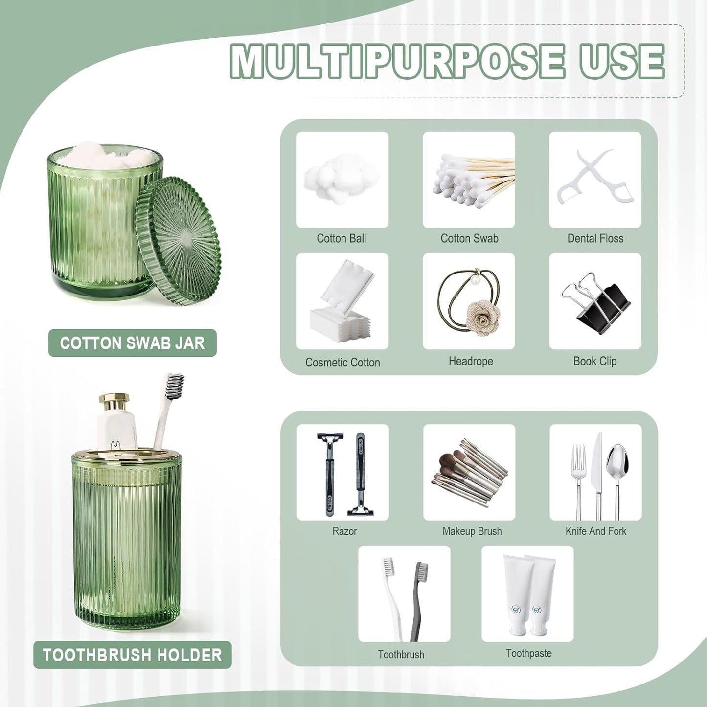 Green Glass Bathroom Accessories 4 Pcs, Green Bathroom Set, Soap Dispenser and Toothbrush Holder Set, Qtip Holder Set, Vintage Bathroom Sink Set, Cute Bathroom Decor