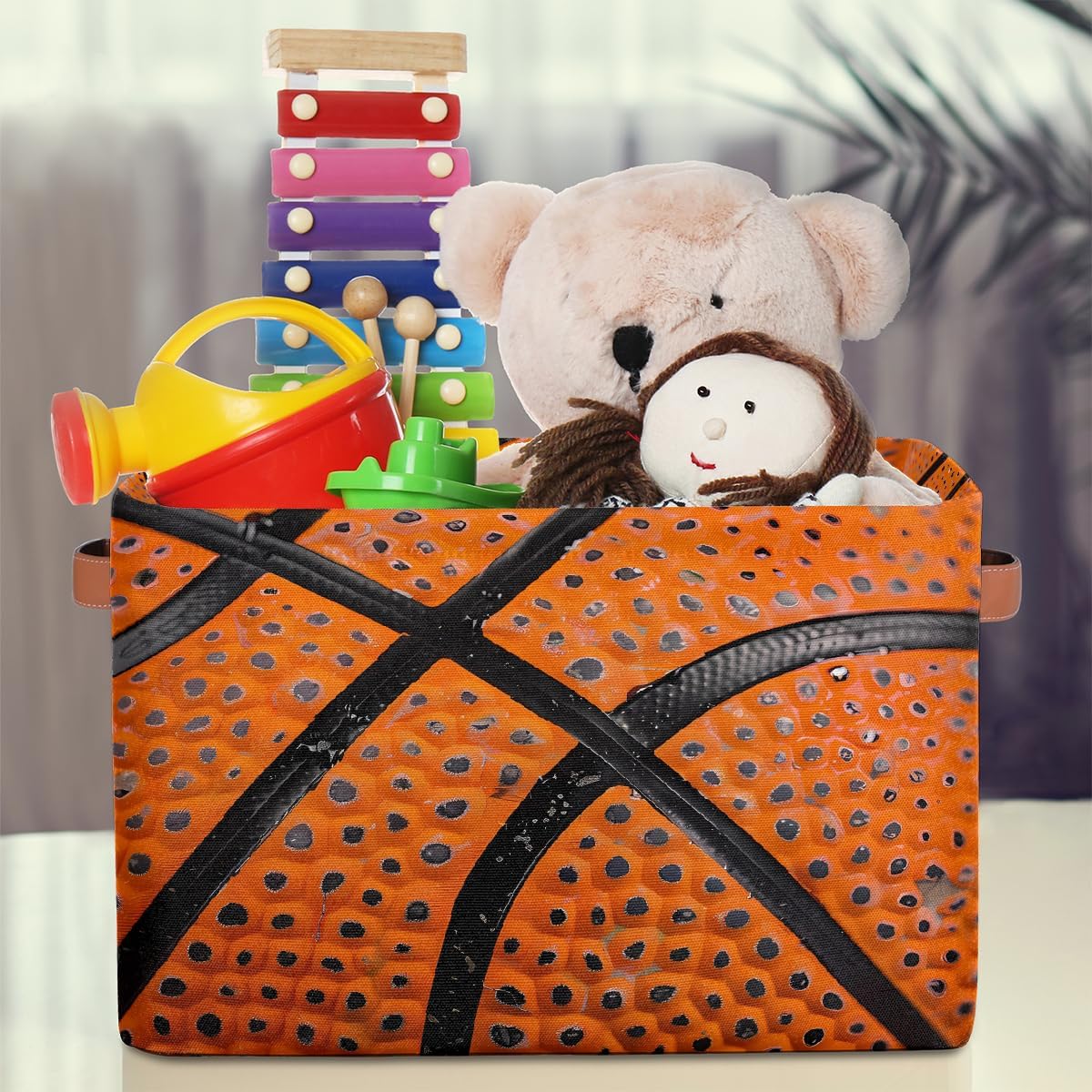 Basketball Storage Basket for Shelves, Storage Bins with Handles, Collapsible Basket for Organizing, Closet Toy Baskets for Nursery Room, 15x11x9.5 in, Canvas, Sports Bsketball Lace