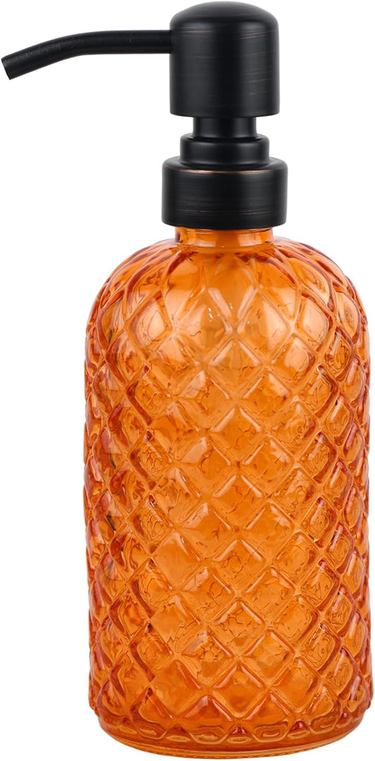 16 oz Glass Soap Dispenser with Stainless Steel Vintage Brushed Bronze Pump Head, Refillable Gemstone Pattern Soap Dispenser for Hand Soap, Dish Soap, and Lotion (Orange)
