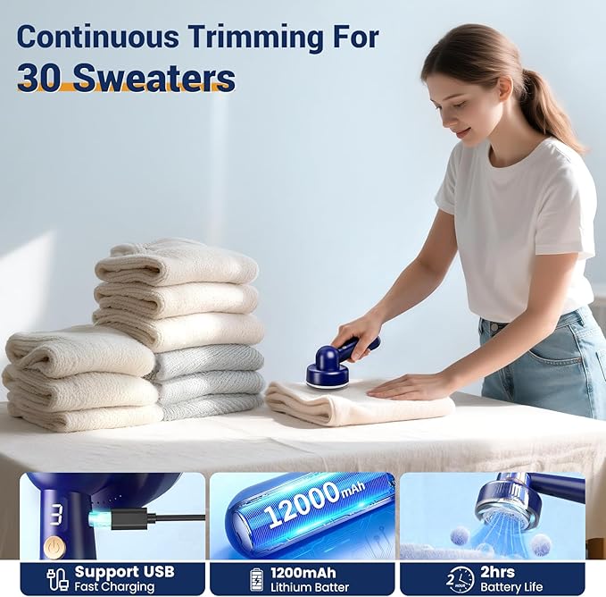 DBC Fabric Shaver and Lint Remover, Sweater Shaver with 3-Speeds and 6-Leaf Blades, 2hours runtime, 2 Replaceable Blades, Battery Operated, Remove Pilling, Furniture, Fuzz, Lint Ball - Blue