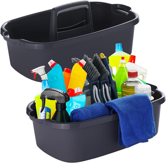 2-Pack Large Gray Cleaning Caddy for Cleaning Supplies with Handle - Portable Plastic Tote Organizer for Shower, Bathroom, Kitchen, Under Sink Storage