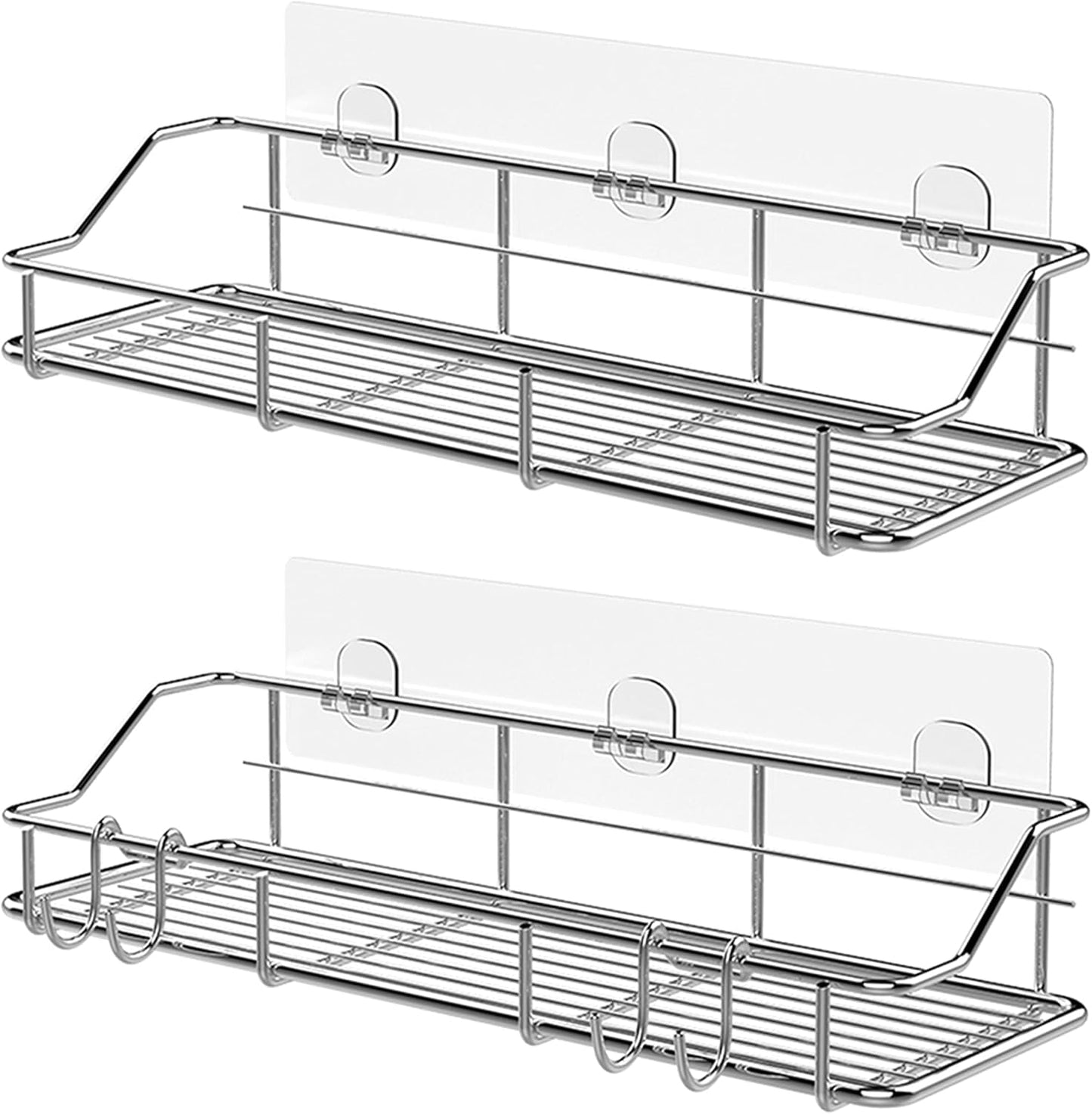KESOL Adhesive Shower Caddy Shower Shelf Organizer for Bathroom Organization with Hooks, SUS304 Stainless Steel, 2 Pack (Silver)