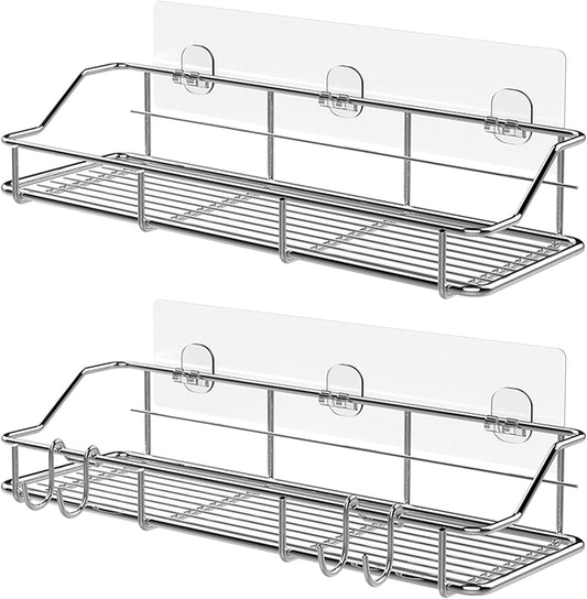 KESOL Adhesive Shower Caddy Shower Shelf Organizer for Bathroom Organization with Hooks, SUS304 Stainless Steel, 2 Pack (Silver)