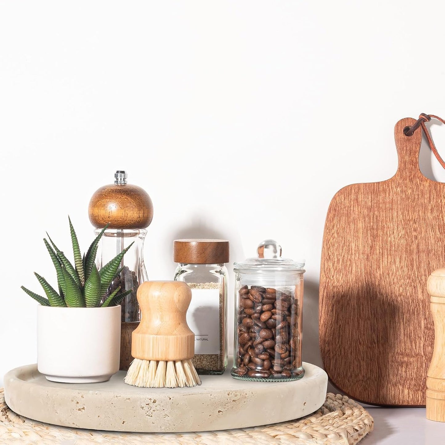 Travertine Tray, Small Ceramic Vanity Tray for Bathroom Counter Decor, Round Marble Decorative Trays for Coffee Table (Beige, Large Size)