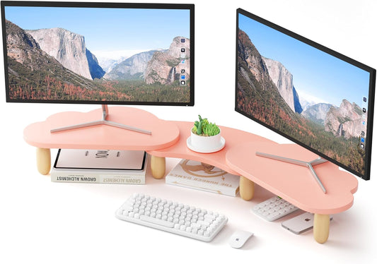 Dual Monitor Stand Riser, Adjustable Rainbow Cloud Desktop Organizer for 2 Monitors, Flexible Length & Angle Computer Stand for Laptop, PC, Printer, Home Office Use - Pink