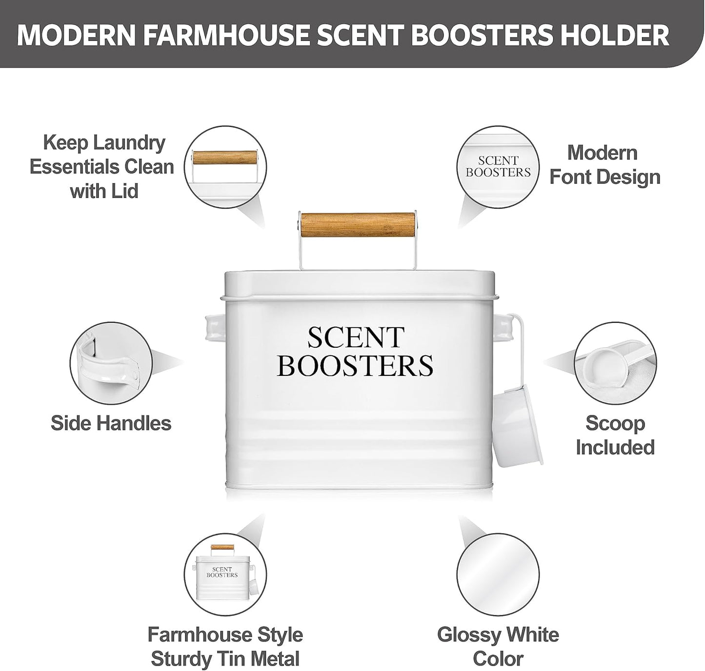 Calindiana Modern Farmhouse Metal Laundry Scent Booster Beads Dispenser Container with Scoop for Laundry Room Decor and Accessories and Space Saving Laundry Room Organization and Storage, White