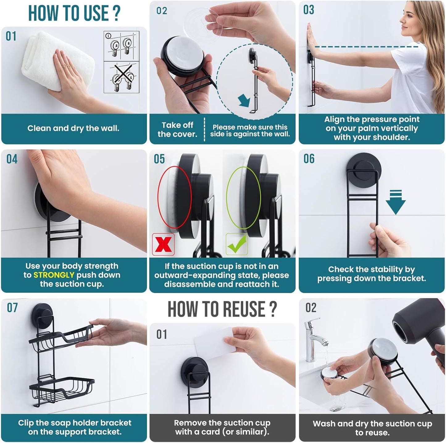 TAILI Double Layer Soap Holder, Drill-Free Bar Soap Dish Tray Suction Cup, Draining for Shower Wall, Bath Storage, Rustproof Stainless Steel Sponge Holder for Tub, Kitchen, Black