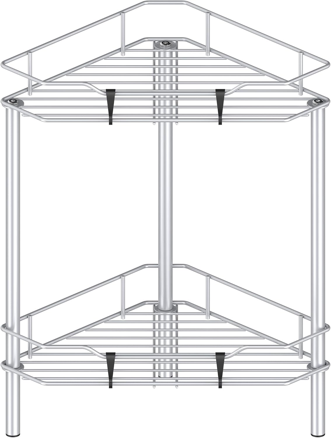 2 Tier Floor Standing Corner Shower Caddy Organizer Shelf with Hooks, Bathroom Shelves Stand Rack, Silver