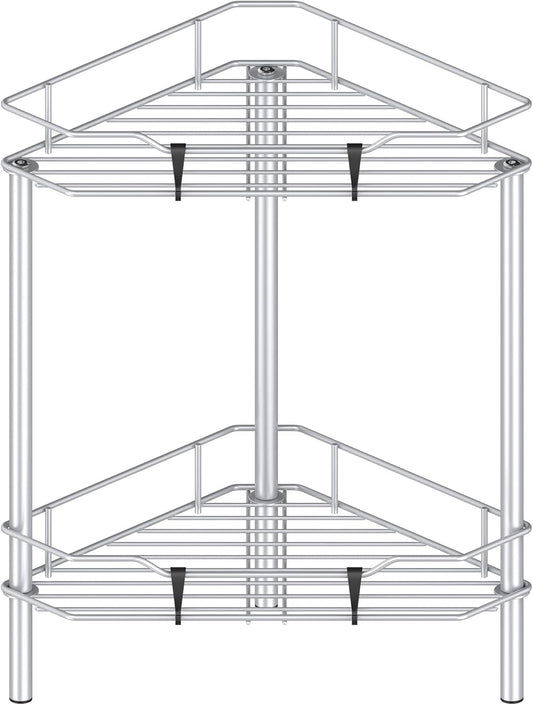2 Tier Floor Standing Corner Shower Caddy Organizer Shelf with Hooks, Bathroom Shelves Stand Rack, Silver