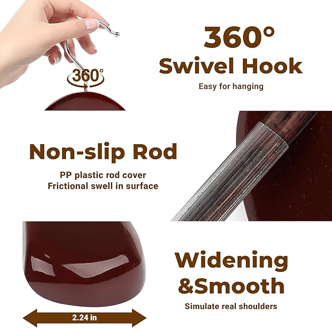 Coat Hanger 8-Pack, MEQUTION Wood Hangers Trouser Hangers Extra Wide Shoulder Wooden Hangers for Heavy Coat, Sweater, Skirt, Suit, Pants, Retro Finish (Cherry)