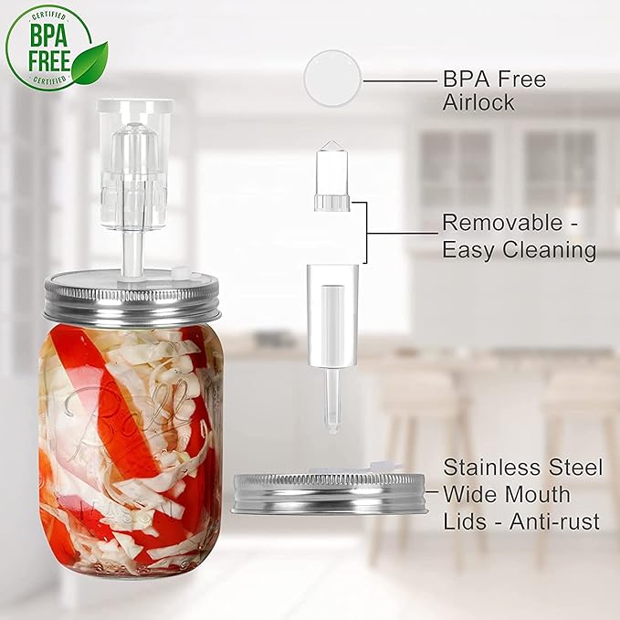 Samshow Fermentation Kit-4 Glass Fermentation Weights,4 Fermenting Lids,4 airlocks,4 Silicone Rings,5 Silicone Grommet for Wide Mouth Mason Jar for Sauerkraut,Vegetables and Other Fermented Food