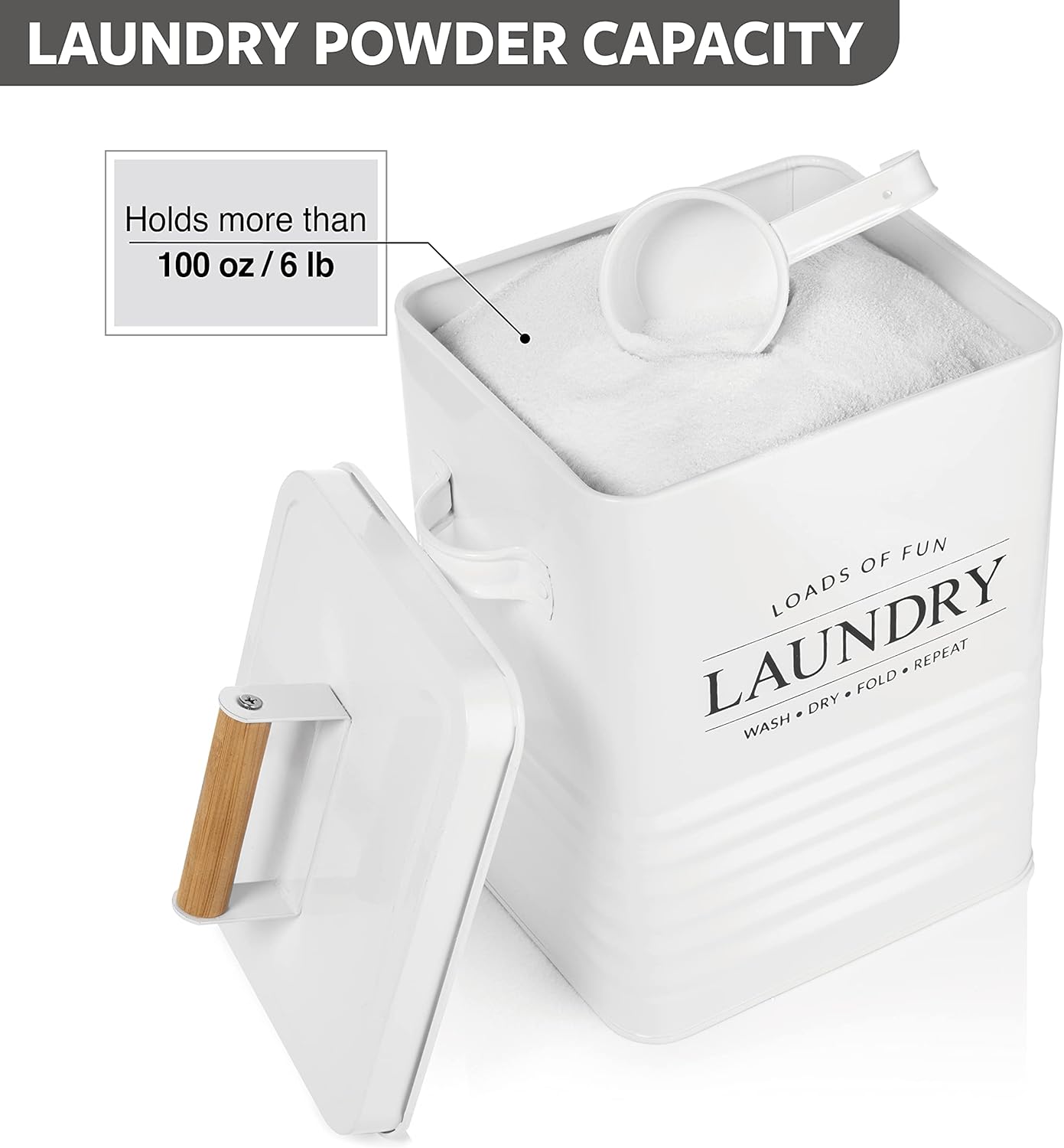 Calindiana Modern Farmhouse Metal Laundry Soap Dispenser with Scoop for Decor and Space Saving Organization, White