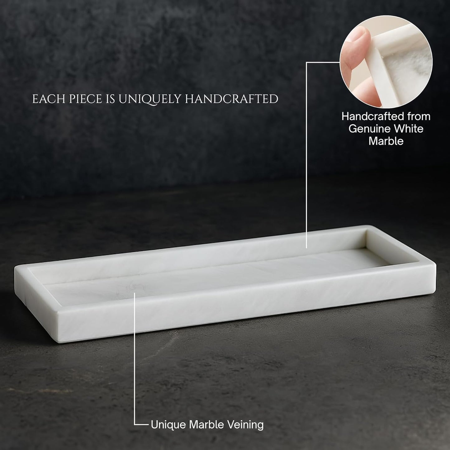 Bey-Berk Marble Bathroom Tray 14.25" x 3.75" x 4" (LxWxH) Polished Marble Tray for Bath, Kitchen and Bedroom, Stone Vanity Tray for Organization and Display, Handcrafted - White