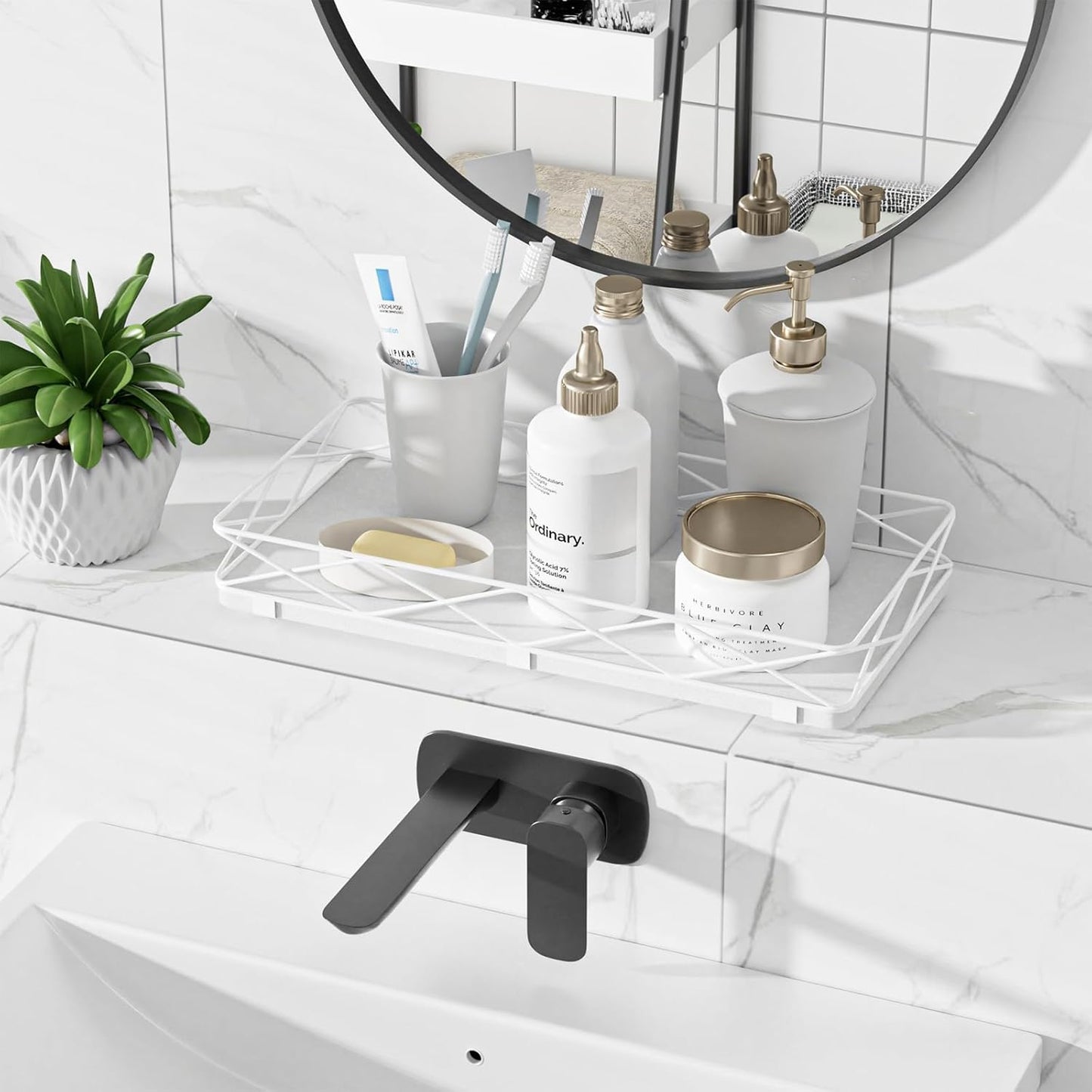 Toilet Paper Basket Holder, 13" Bathroom Tray Countertop, Wood and Metal Toilet Tank Tray Bathroom Vanity Organizer for Toiletry, Kitchen Sink Organizer for Soap Dispenser (White)