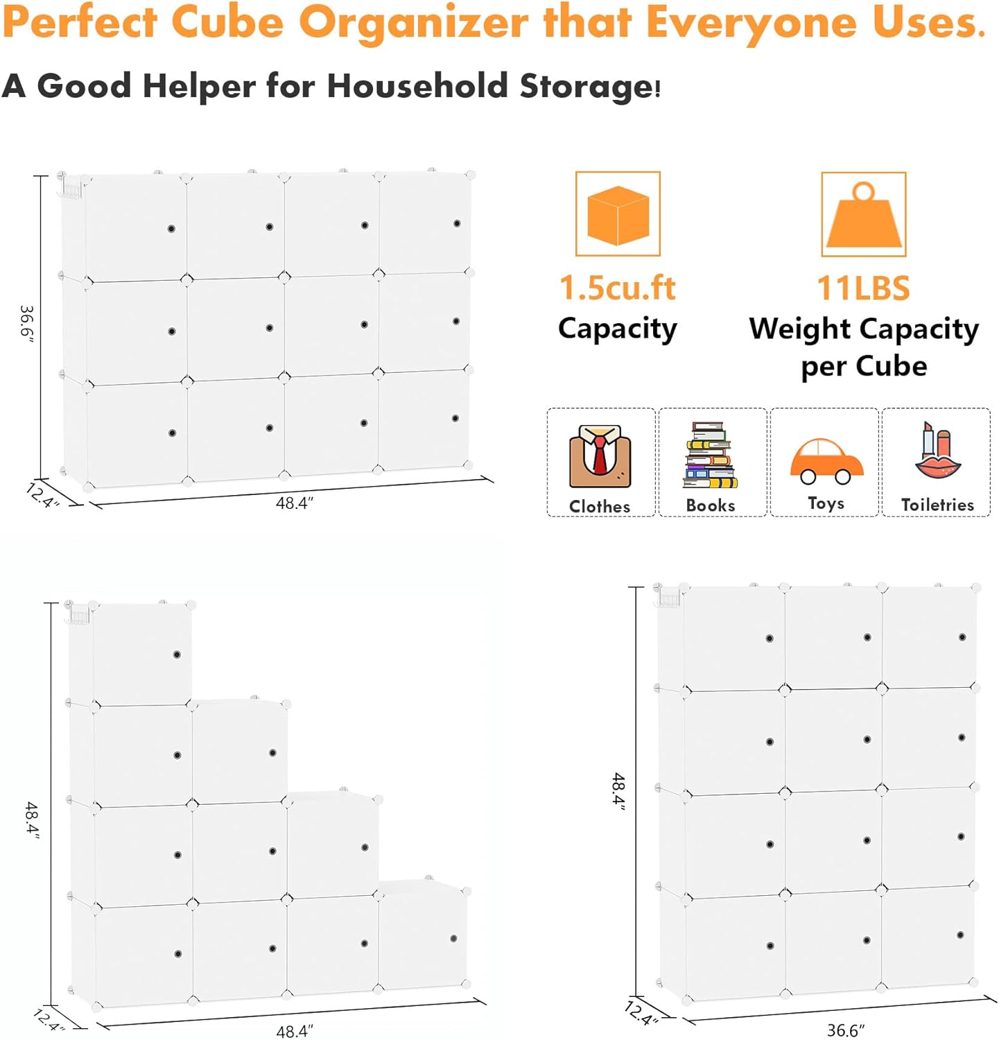 C&AHOME Cube Storage Organizer with Doors, 12-Cube Shelves, Closet Cabinet, DIY Plastic Modular Bookshelf Ideal for Bedroom, Living Room, 36.6”L x 12.4”W x 48.4”H Milky USHS3012M-DOOR