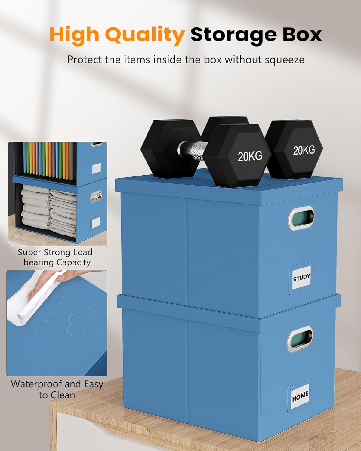 2 Pack File Storage Organizer - Portable Filing Box with Lid, Fits Letter/Legal Size, Navy Blue Leather Box