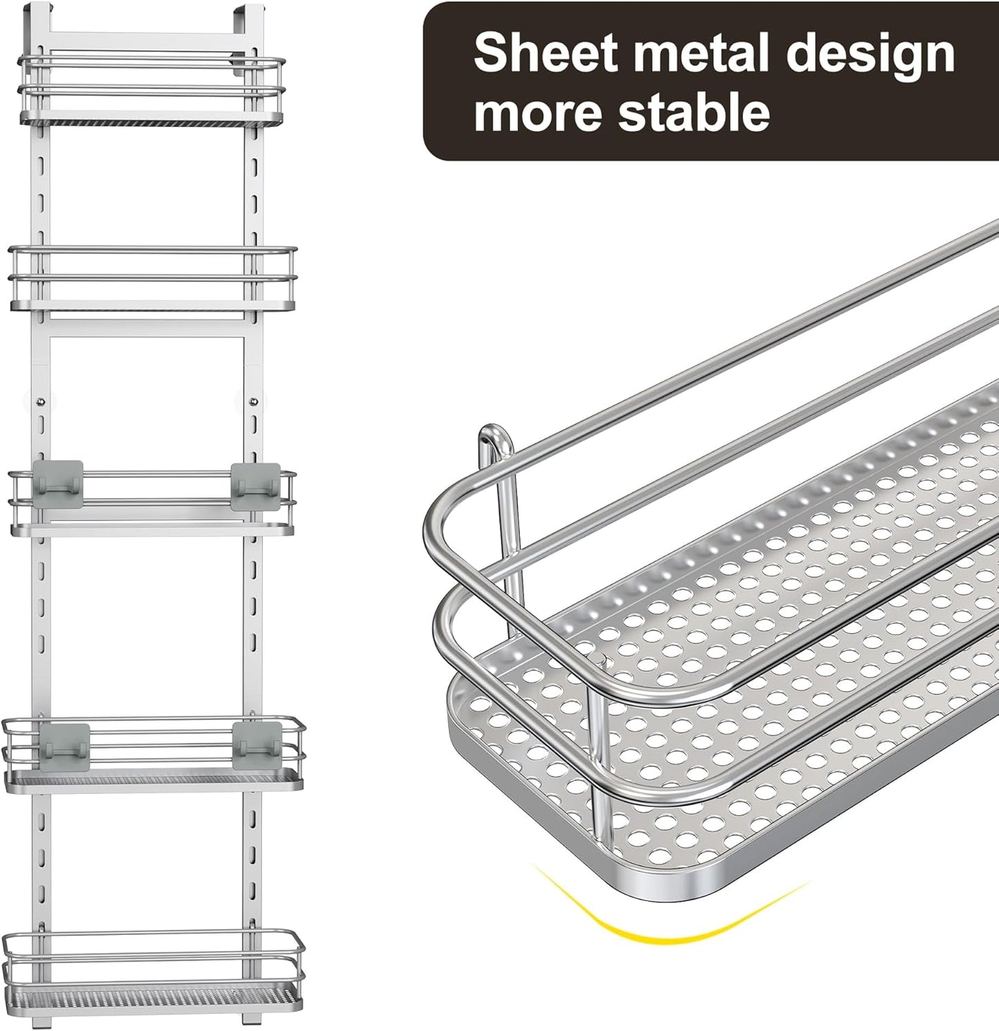 Orimade Over the Door Shower Caddy Adjustable 5 Tier Silver,Bathroom Hanging Organizer Shelf Rustproof with 4 Hooks,Shower Basket with Soap Holder and Suction Cup Bathroom
