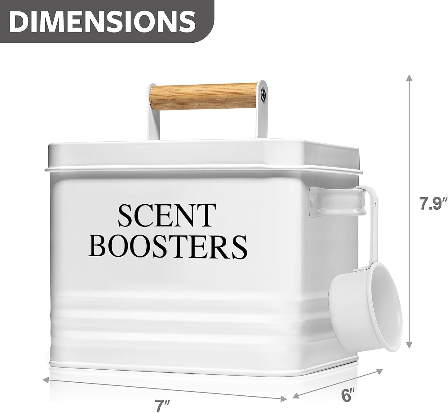 Calindiana Modern Farmhouse Metal Laundry Scent Booster Beads Dispenser Container with Scoop for Laundry Room Decor and Accessories and Space Saving Laundry Room Organization and Storage, White